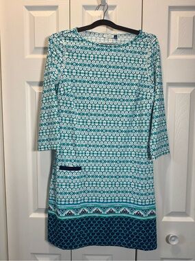 Cabana Life Teal and White Geometric Midi Dress with Hem Border